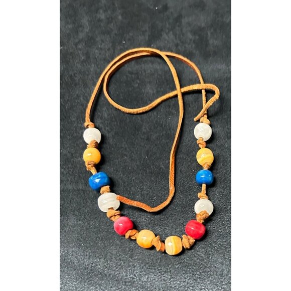 Agate Stone Long Necklace Multi color White Red Blue Dyed Agate on Leather Stran - Picture 2 of 3